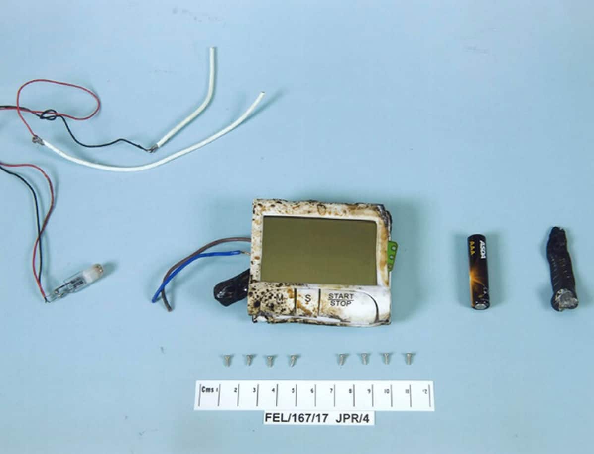 This Sept. 9, 2017 handout photo released by the Metropolitan Police shows the components of the device that exploded 