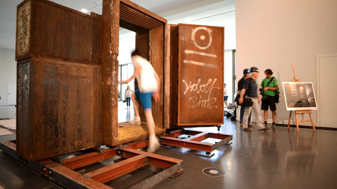 The former Tresor club door at the construction site of the Humboldt Forum museum in Berlin.