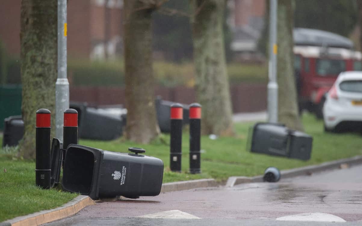Wheelie bins on as street in Warrington are blown to the floor as storm Dorris hits Warrington,