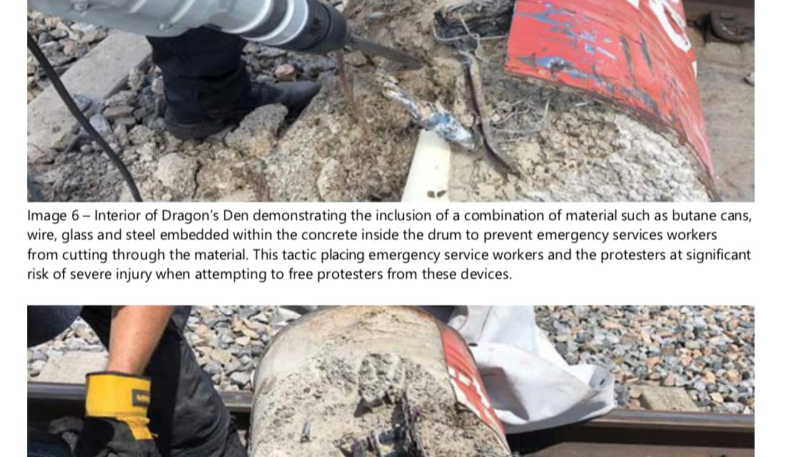 Police cutting open a dragon's den lock-on device