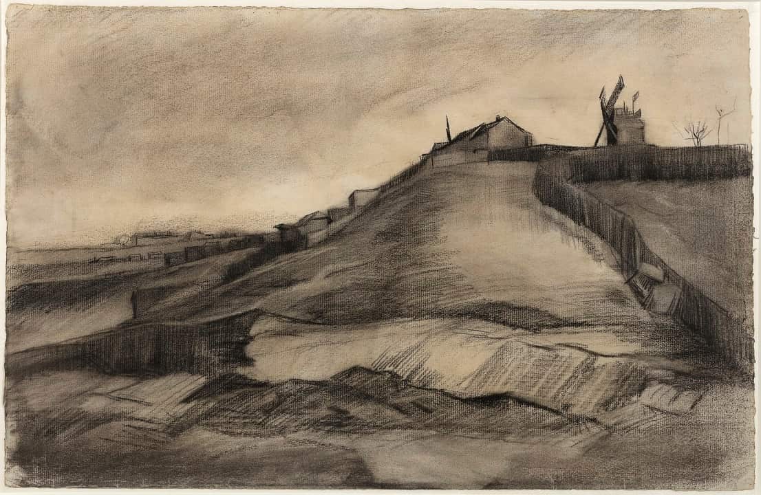 A drawing by Vincent van Gogh titled 'The Hill of Montmartre with Stone Quarry', March 1886.