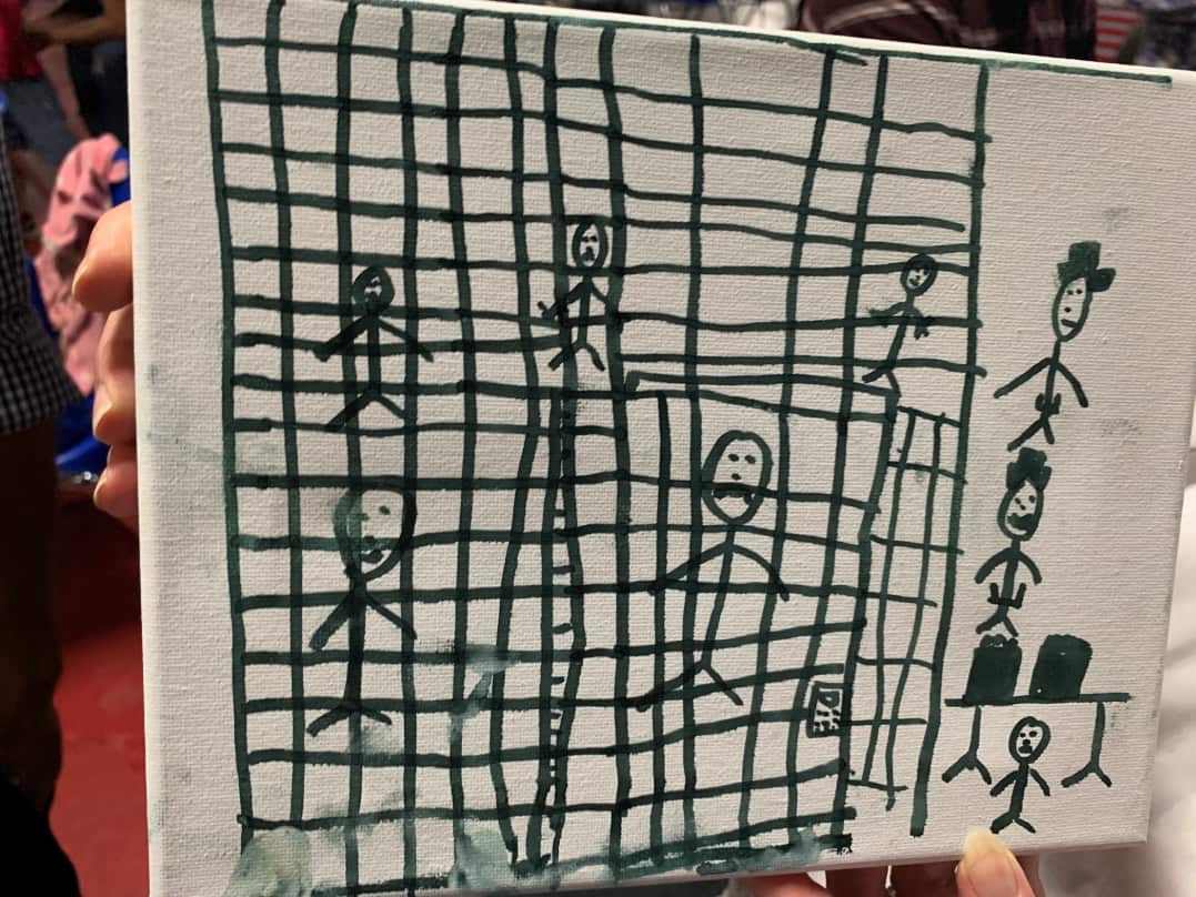 The drawings depict people in caged conditions.