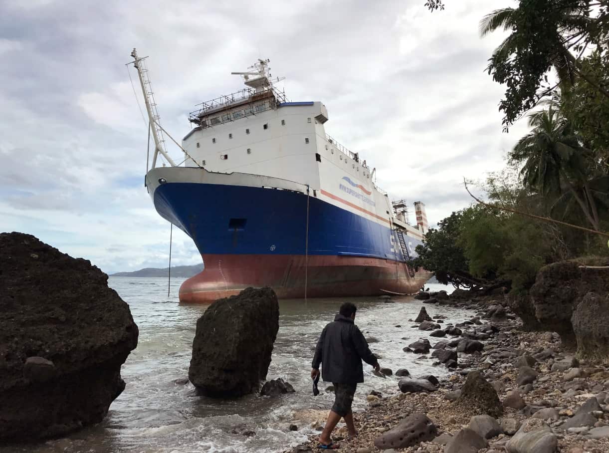 Shuttle RORO 5 drifted near the shore in Mabini, Batangas province, south of Manila, Philippines as Typhoon Nock-Ten roared over this congested region (AAP)