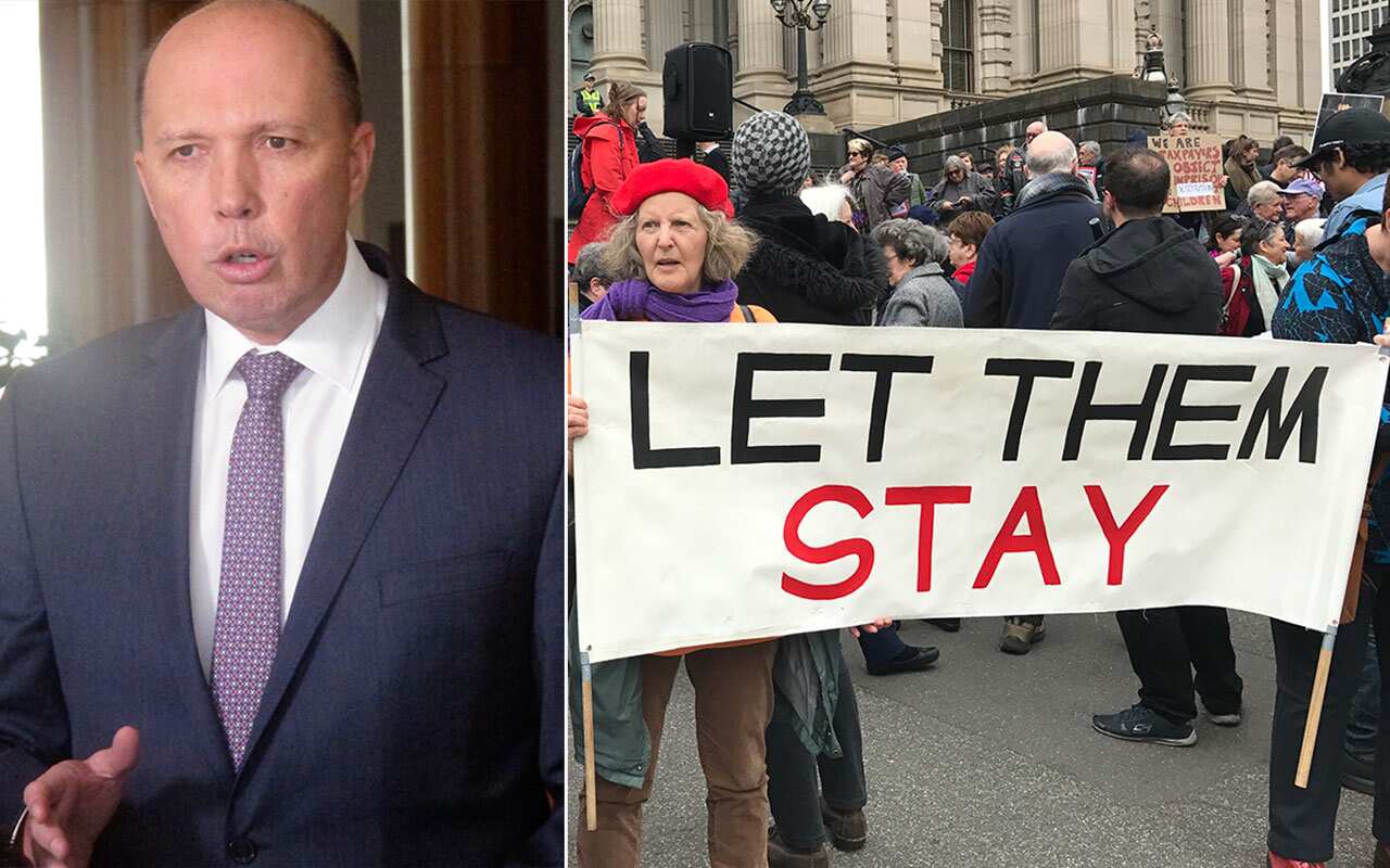 Peter Dutton/ (right) Protesters gather outside Parliament House in Melbourne in September 2017.