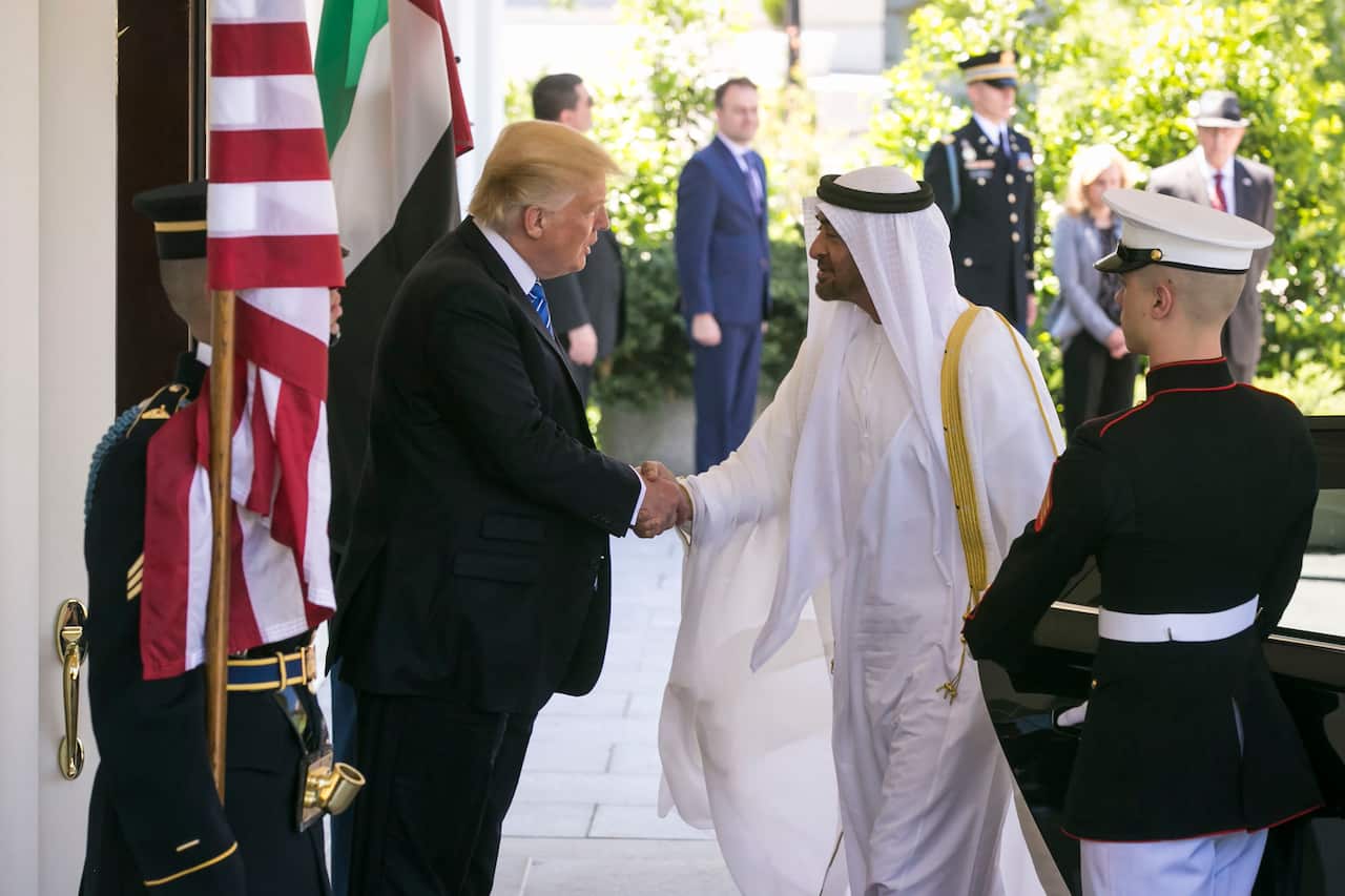 President Donald Trump welcomes Prince Mohammed bin Zayed, the de facto ruler of the United Arab Emirates, to the White House in Washington. 