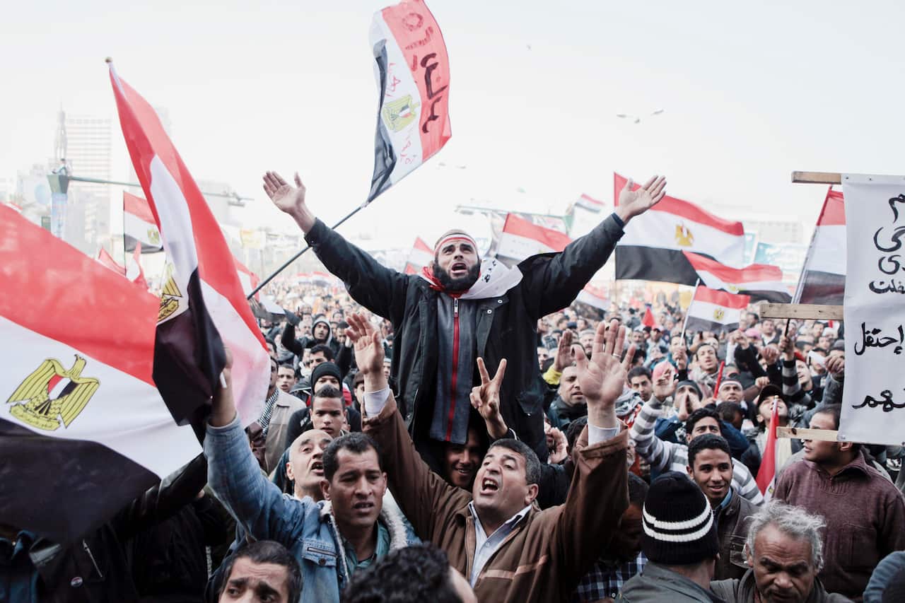 Demonstrators gather in Tahrir Square on the first anniversary of the protests that led to the ouster of Hosni Mubarak.