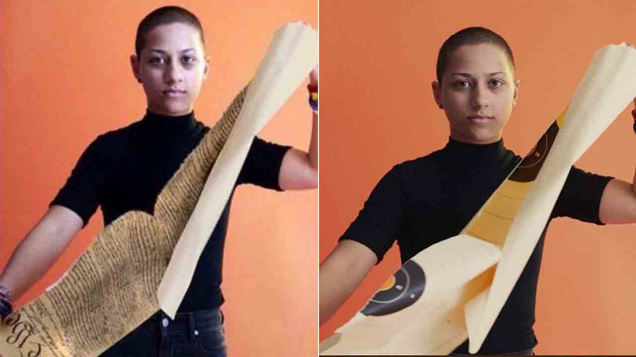 Left: The doctored image of Emma Gonzalez ripping up the Constitution and right, the original image of the activist ripping up a shooting target poster.