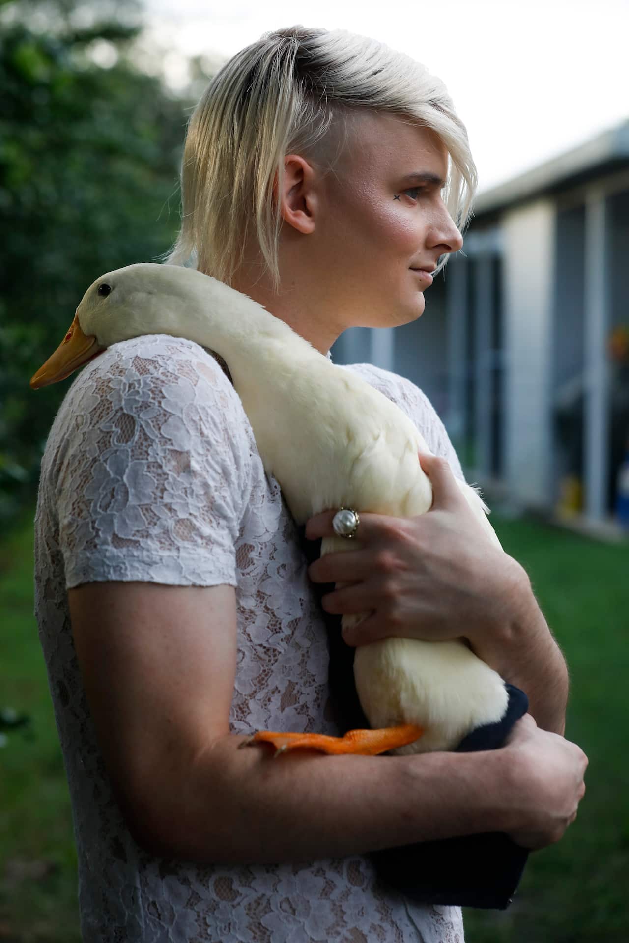 Vayne Myers, who was threatened with eviction over Primadonna, the duck he keeps in his home to help him with anxiety, in Zephyrhills, Fla.,