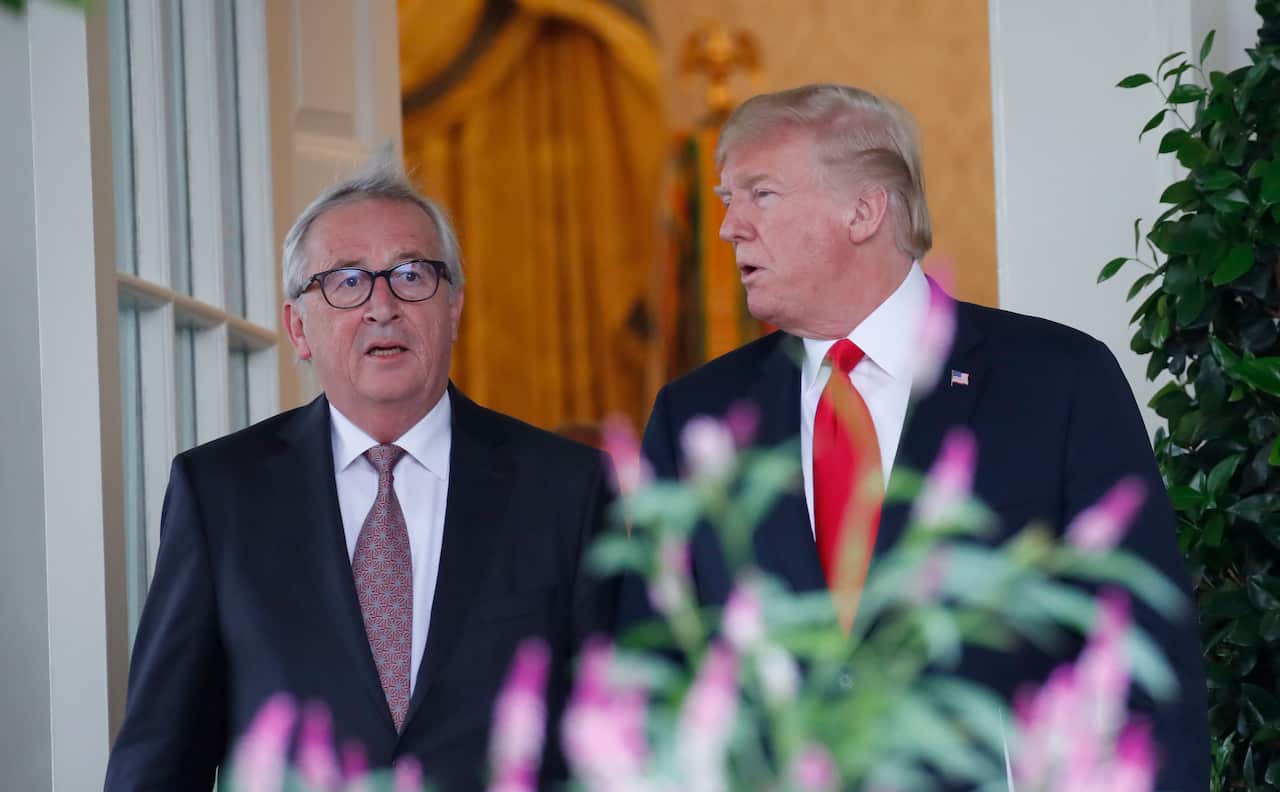President Donald Trumpand European Commission president Jean-Claude Juncker emerge from the White House.