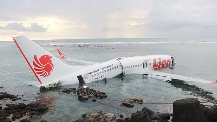 A photo of the 2013 Lion Air crash near the coastline of Bali's Ngurah Rai International Airport, Bali, Indonesia.