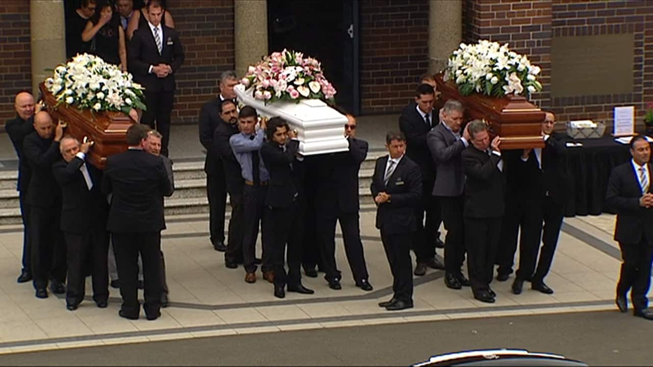 Mourners gathered at St Mary's Catholic Church in Concord to farewell Lars, Vivian and Annabelle Falkholt.