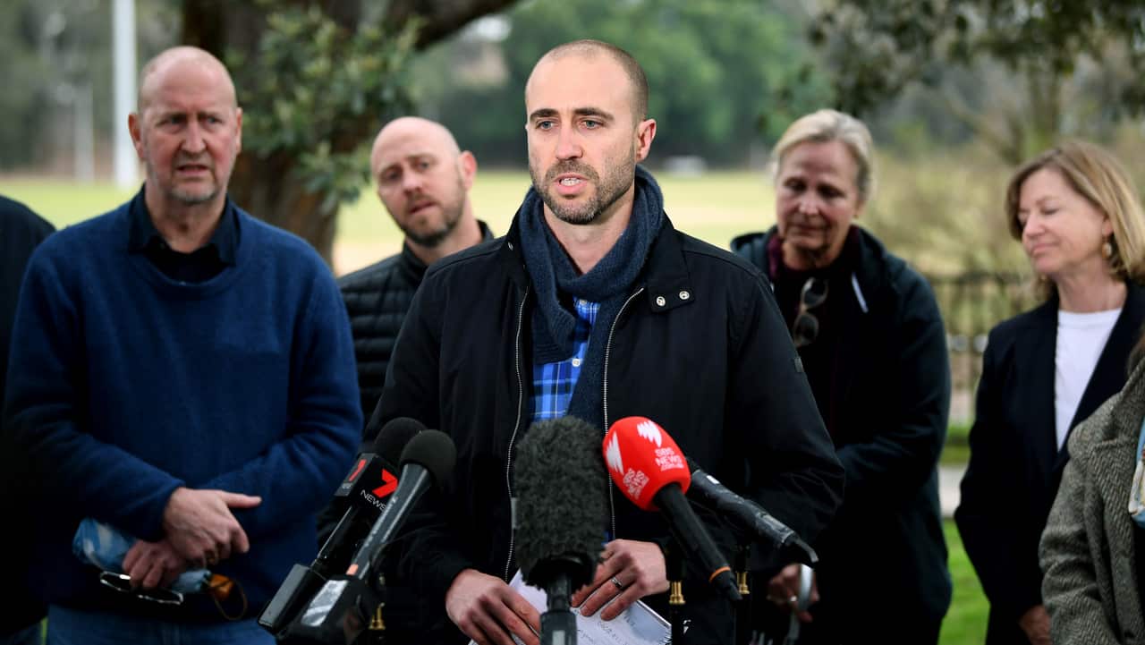 Bim Ricketson, nephew of Australian filmmaker James Ricketson, speaks to the media in Sydney, Friday, August 31, 2018.