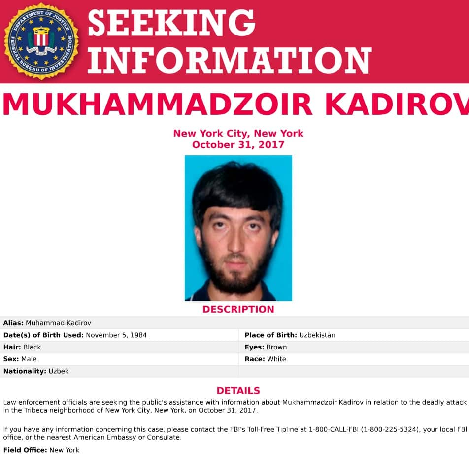 This image released by the FBI shows the seeking information poster for Mukhammadzoir Kadirov (AAP)