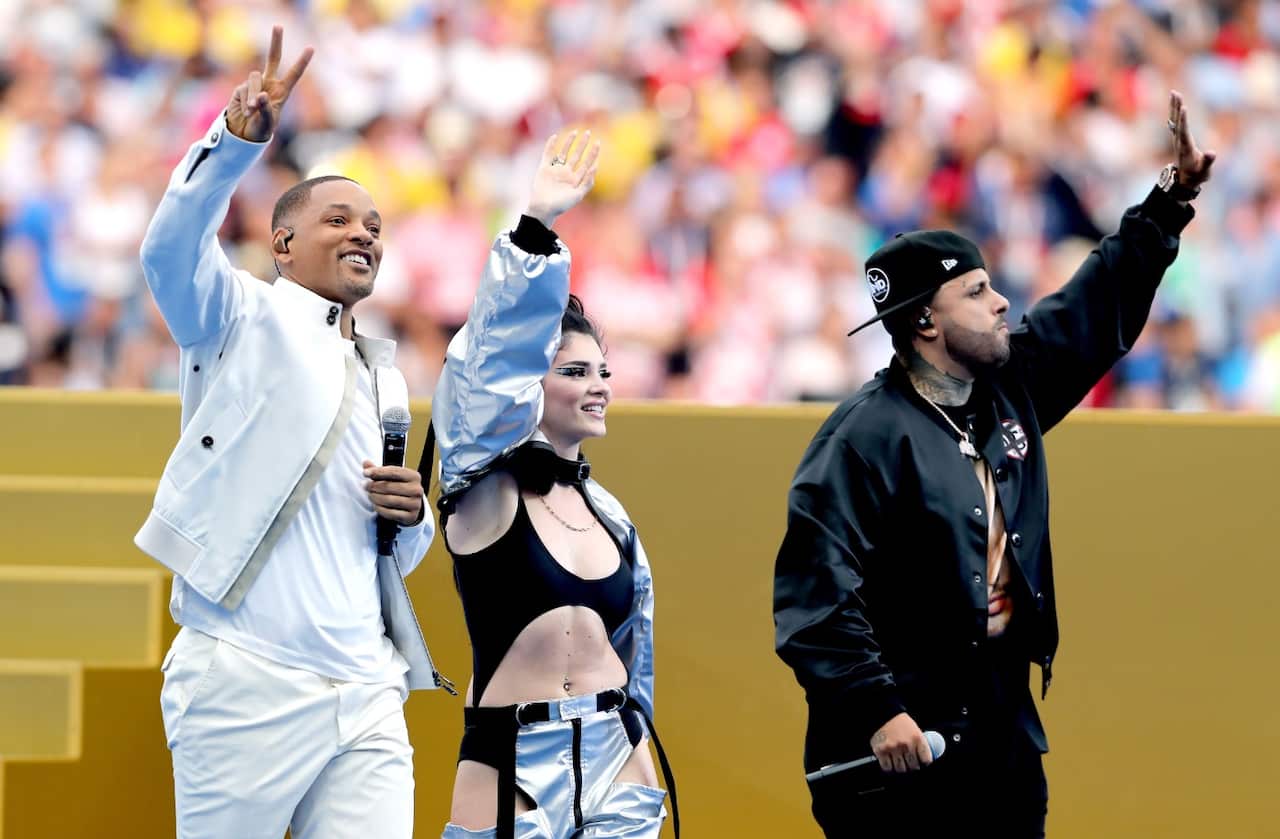Will Smith (left) Era Istrefi and Nicky Jam perform at the closing ceremony during the FIFA World Cup Final
