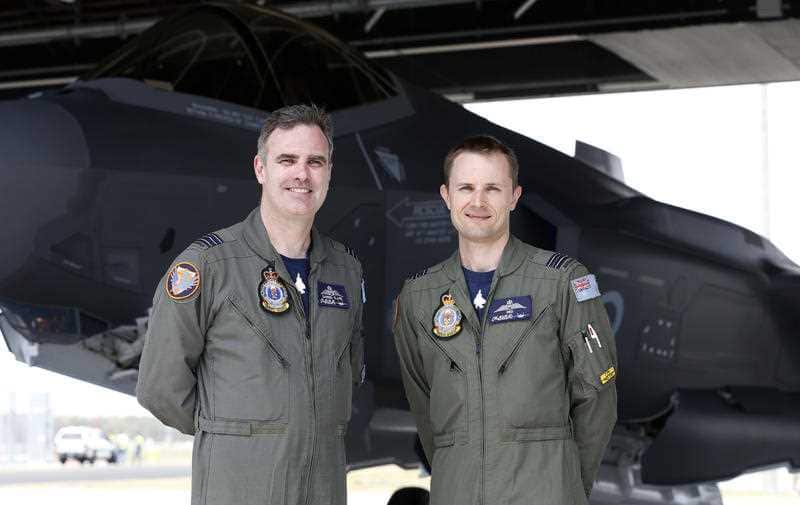 Wing Commander Darren Clare and Squadron Leader Red Borrman who both flew the new F-35A Joint Strike Fighters into Williamtown,
