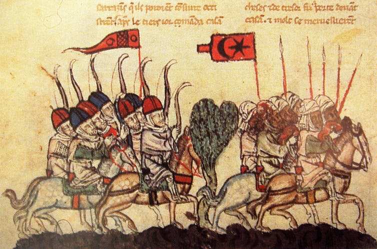 A 14th century miniature depicting Crusaders at The Battle of Wadi al-Khazandar (Battle of Homs) of 1299. 