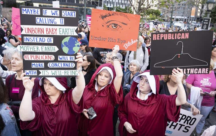 Abortion rights supporters demonstrating earlier this year in New York against extreme anti-abortion laws passed in Alabama, Georgia, and Missouri