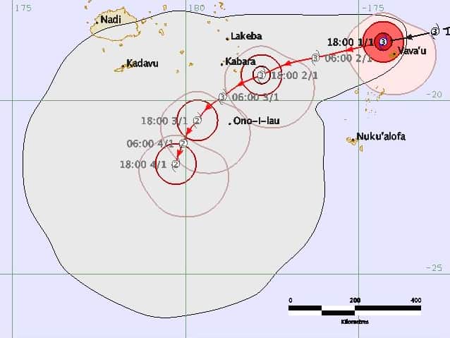 Category-three cyclone Ula moves over Tonga