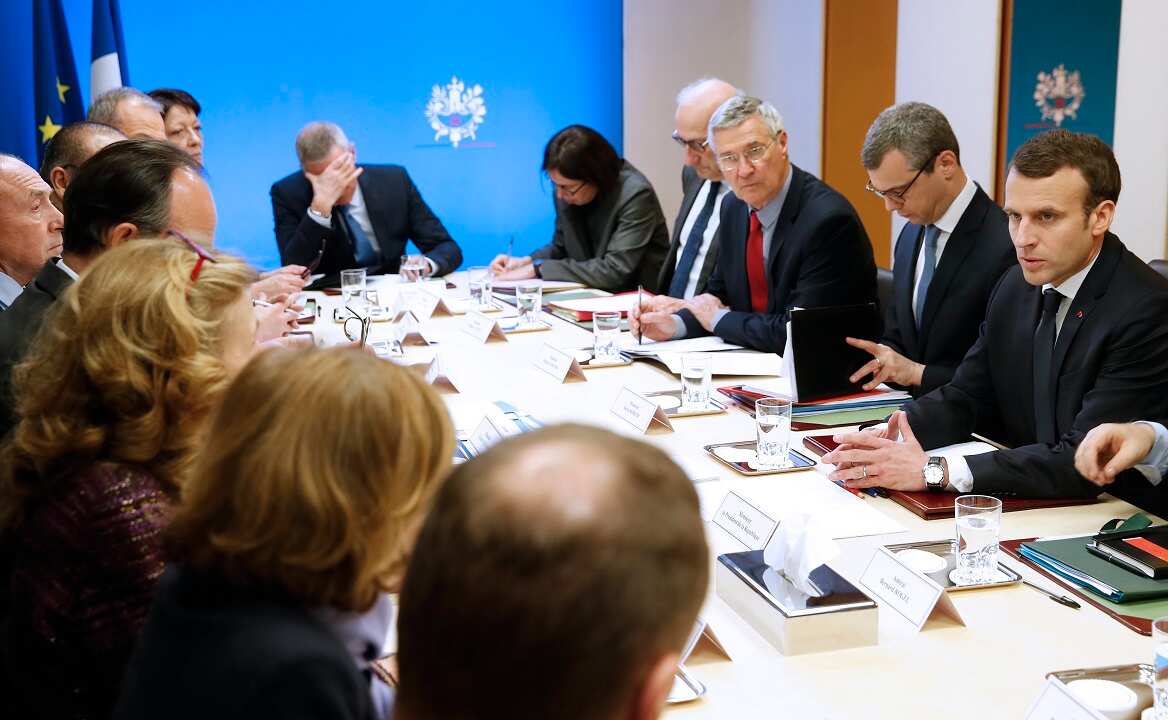 French President Emmanuel Macron leads a Defense and Security Council meeting after the attacks in Trebes and Carcassonne.
