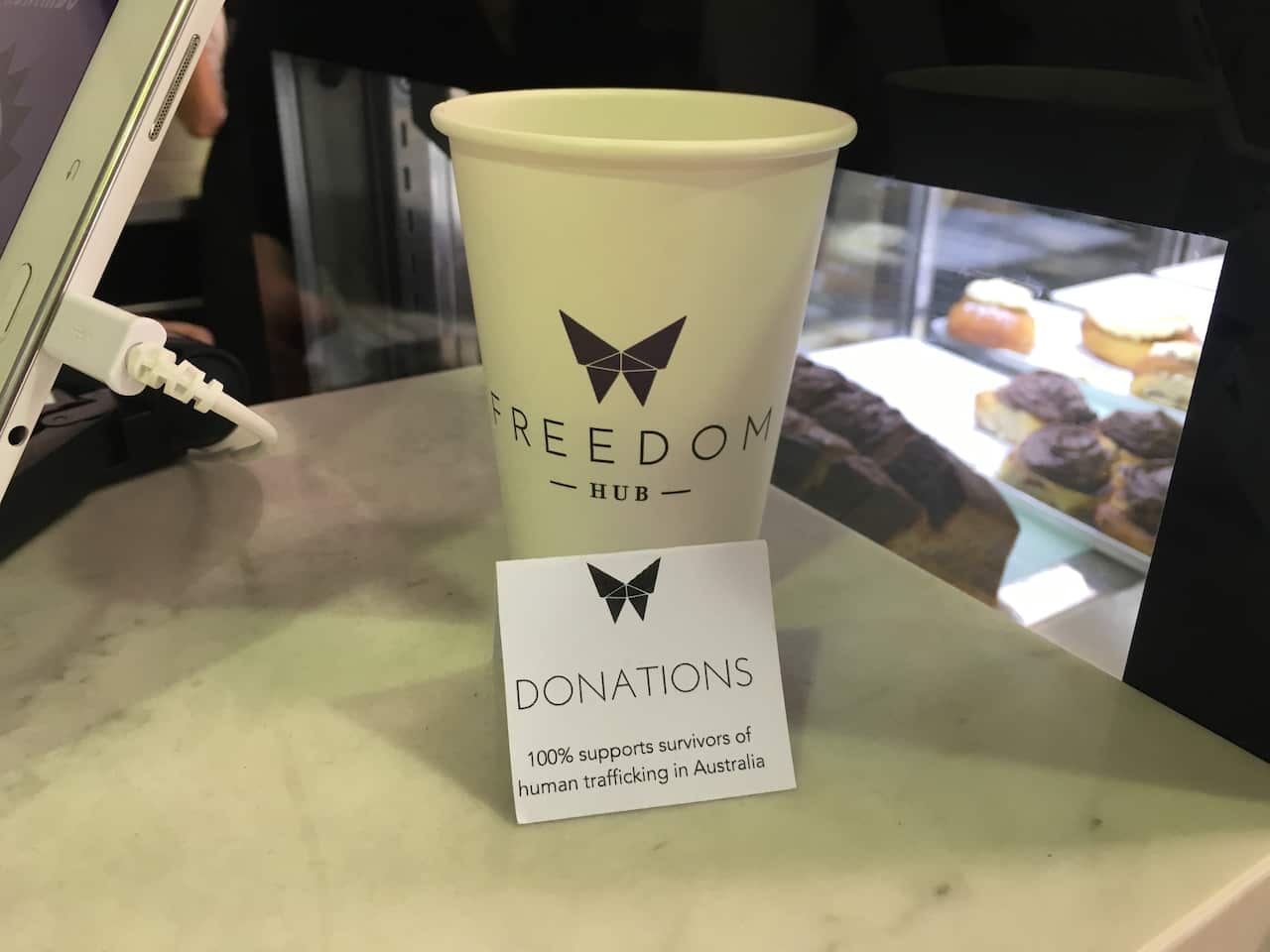 100 per cent of the profits of the Freedom Hub Cafe go to supporting survivors of trafficking and slavery in Australia.