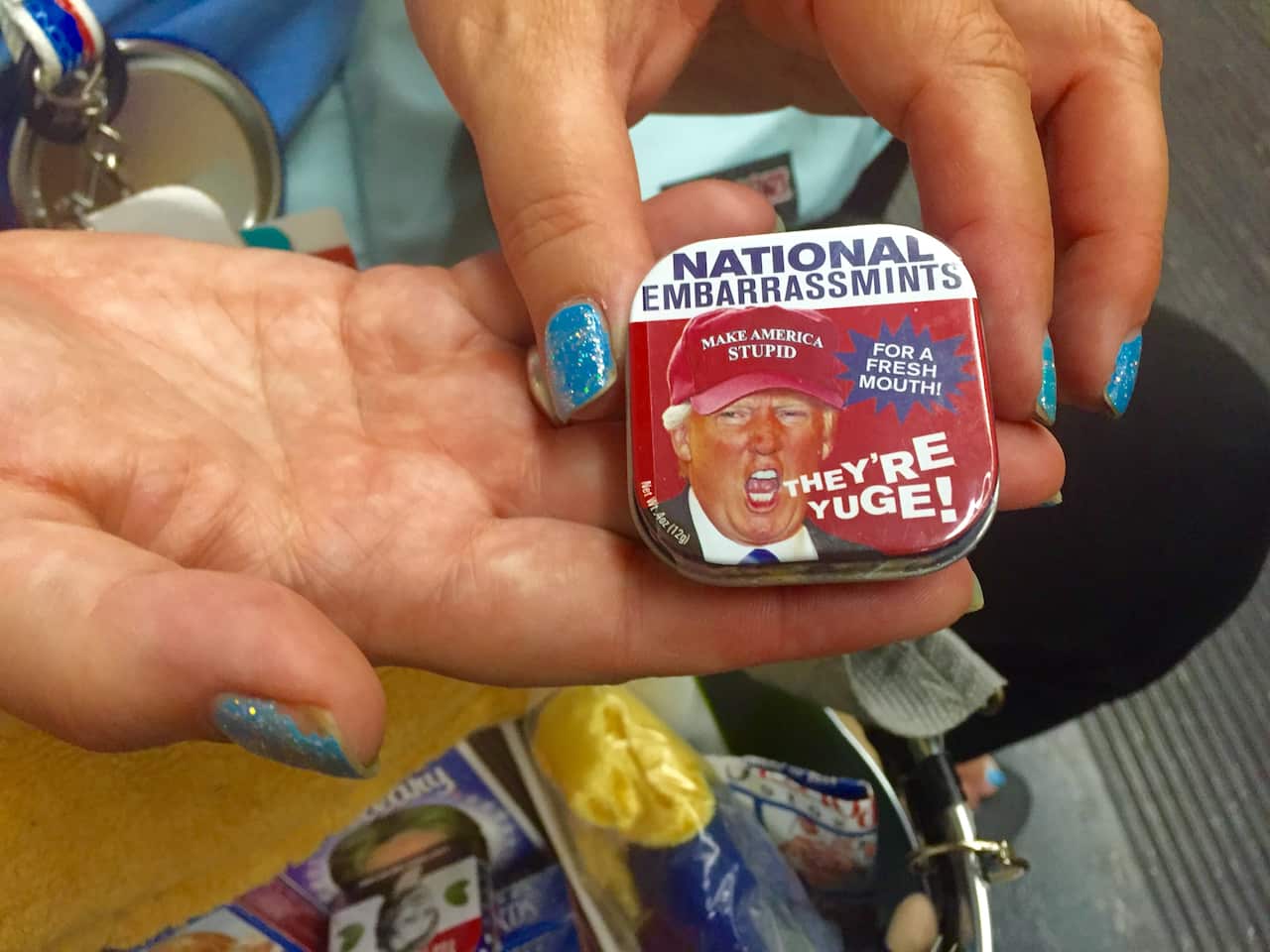 National Embarrassmints - A picture of Donald Trump with a make america stupid hat saying 'they're yuge'