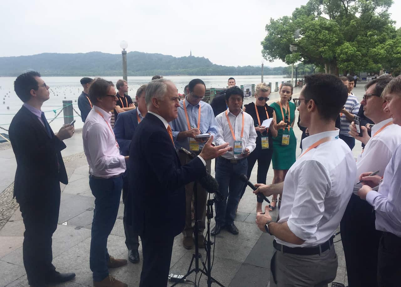 Malcolm Turnbull speaks to the Australian press at the 2016 G20
