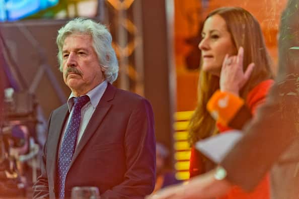 Lead candidate of Alternative for Germany (AFD) Rainer Rahn and Janine Wissler, lead candidate of Die Linke on TV following the election results.