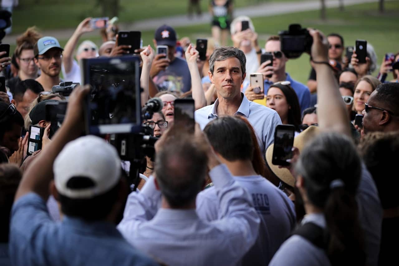 Beto O'Rourke gives a speech during a campaign stop at Moody Park.