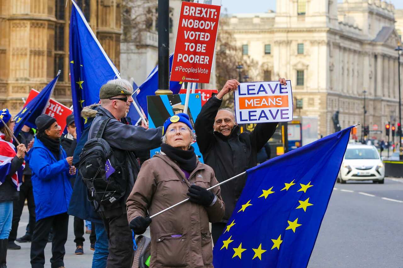 Anti Brexit protesters seen with their placards and EU flag