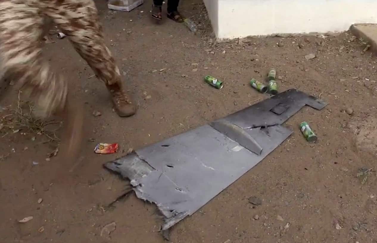 One of the wings of a drone that exploded above Yemen's al-Anad airbase.