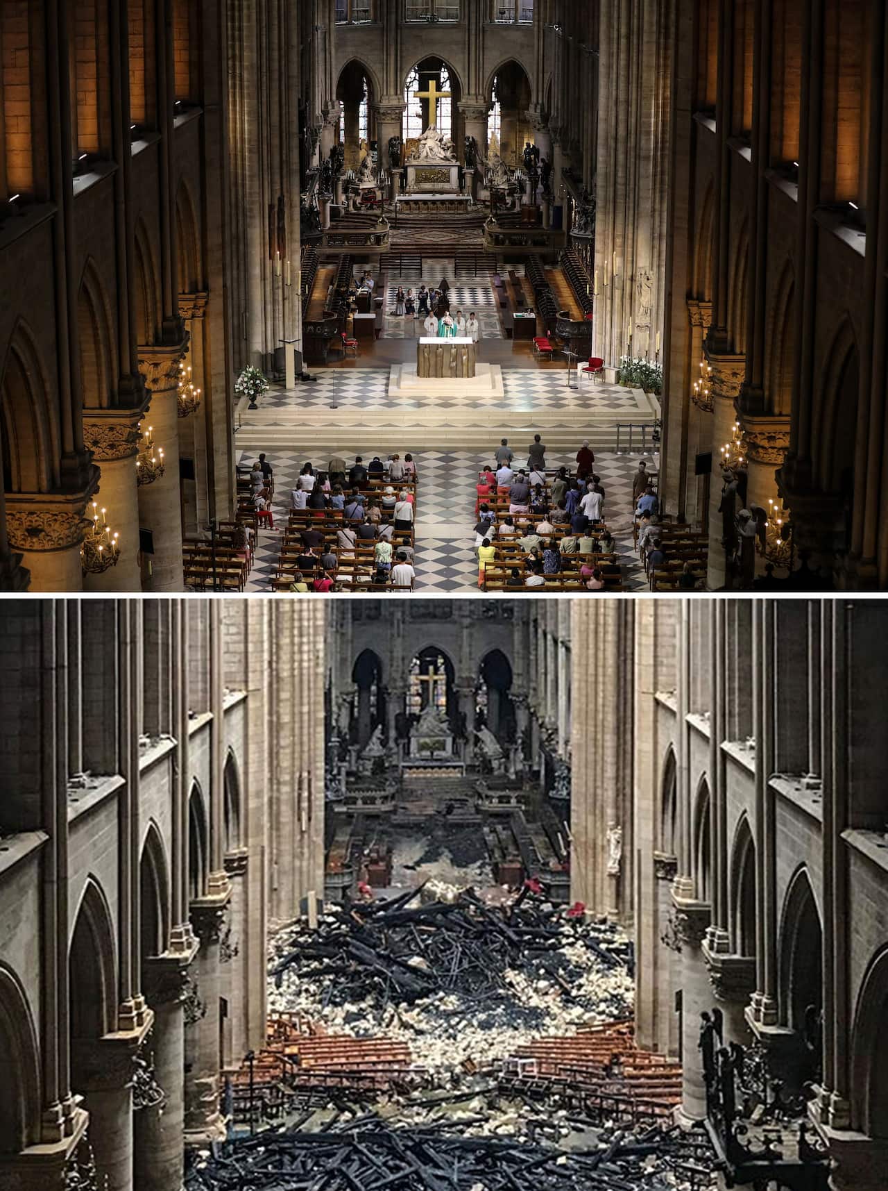 People attend mass in 2016 inside the famous cathedral, and (bottom) the aftermath of the blaze. 