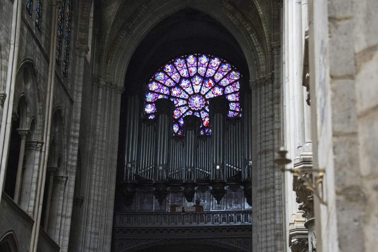 The undamaged organ inside the Notre-Dame-de Paris Cathedral.