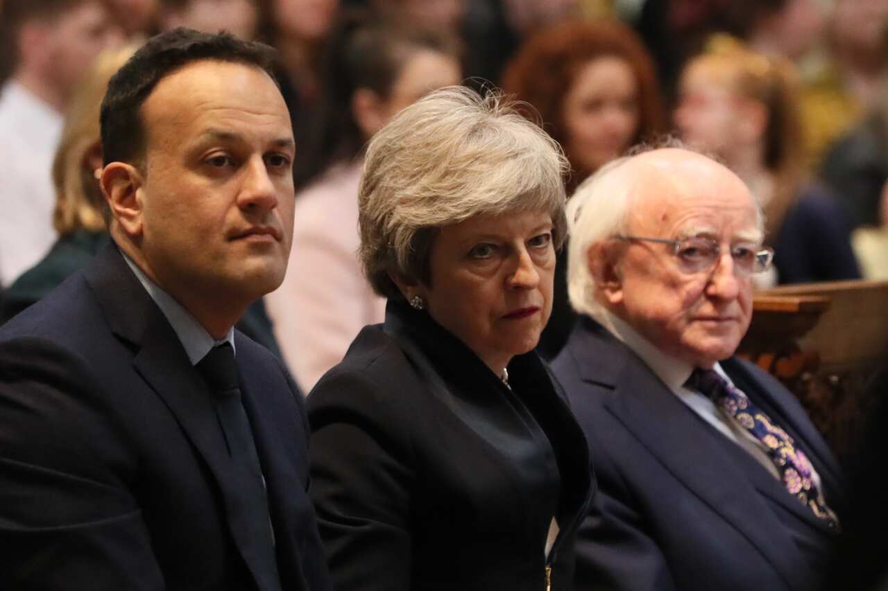 Irish Prime minister Leo Varadkar, UK Prime Minister Theresa May and Irish President Michael D Higgins attend the funeral service of journalist Lyra McKee.
