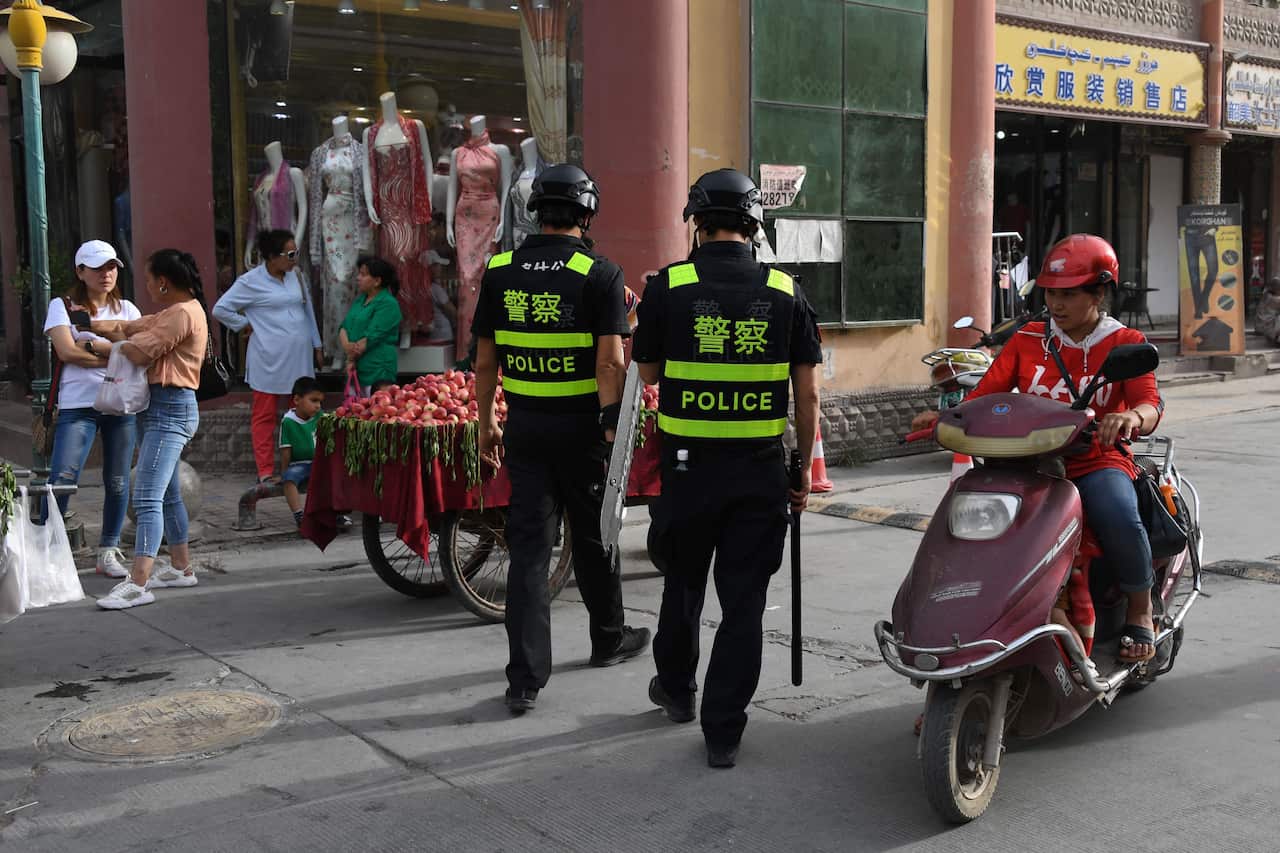 Police officers patrolling in Kashgar, in China's western Xinjiang region.