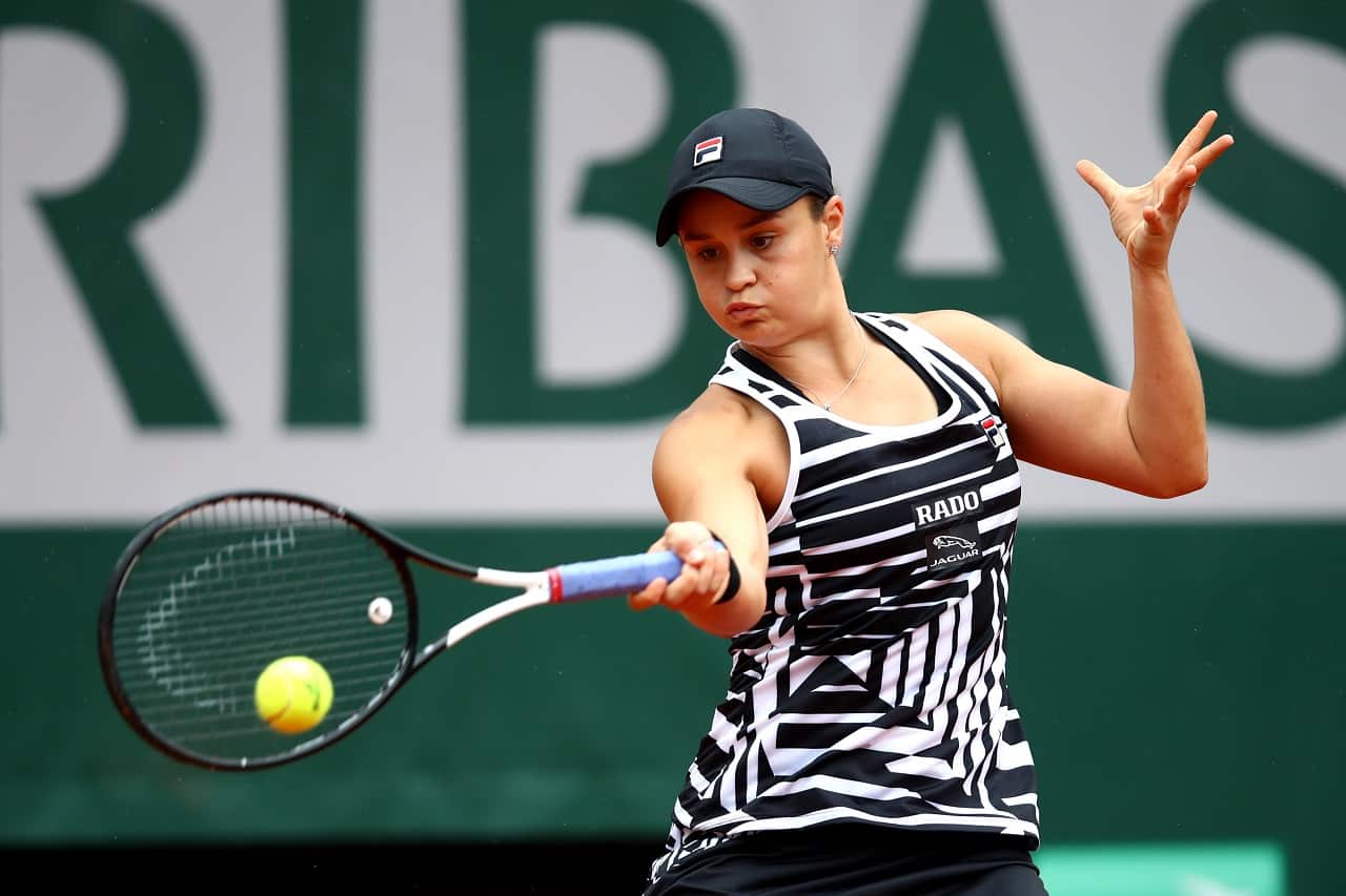Ashleigh Barty plays a forehand during her ladies singles fourth round match.