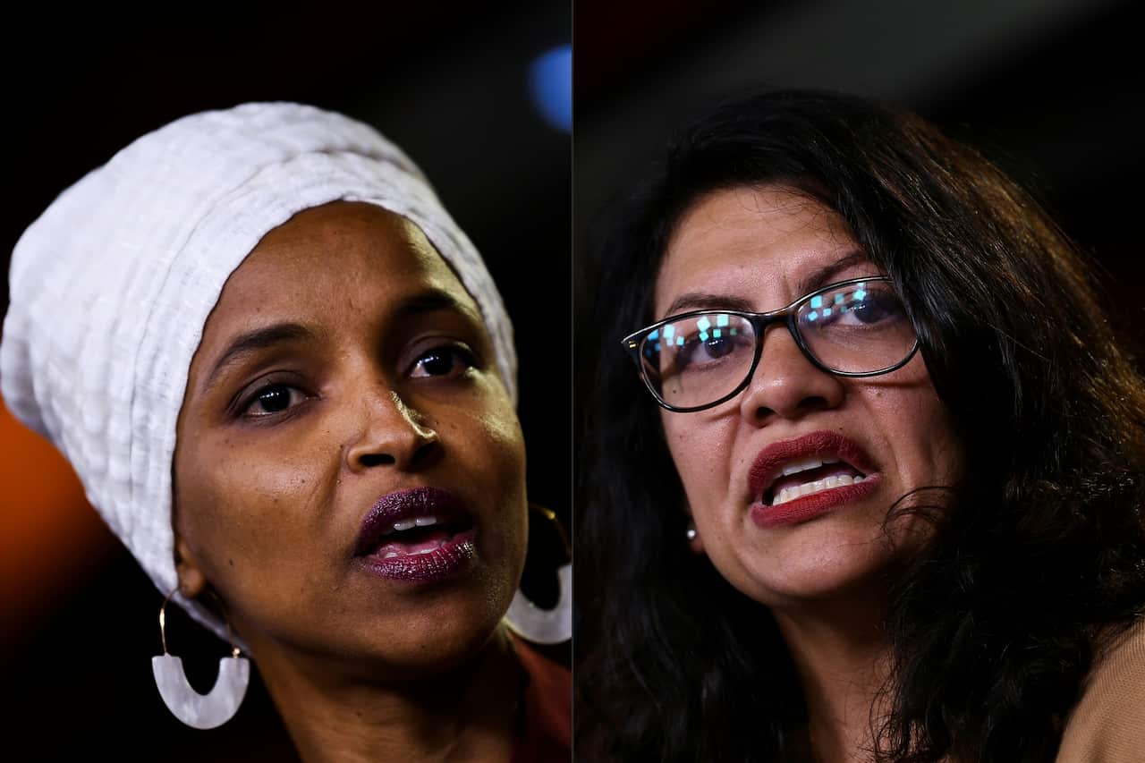  Democrat US Representatives Ilhan Abdullahi Omar (L) and Rashida Tlaib.