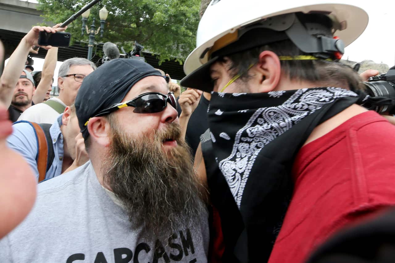 Alt-right groups hold the End Domestic Terrorism rally at Tom McCall Waterfront Park in Portland, Oregon.