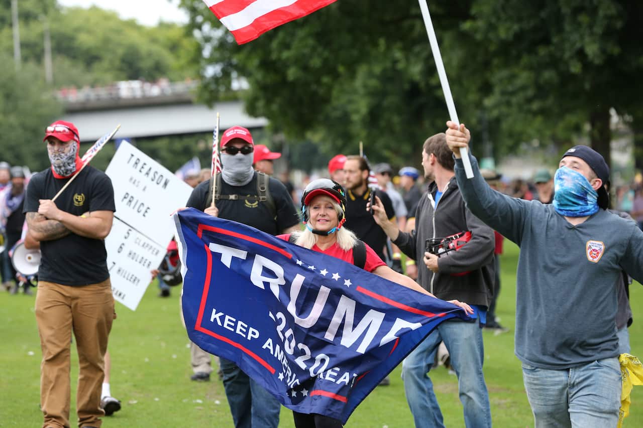 Alt-right groups hold the End Domestic Terrorism rally at Tom McCall Waterfront Park in Portland, Oregon.