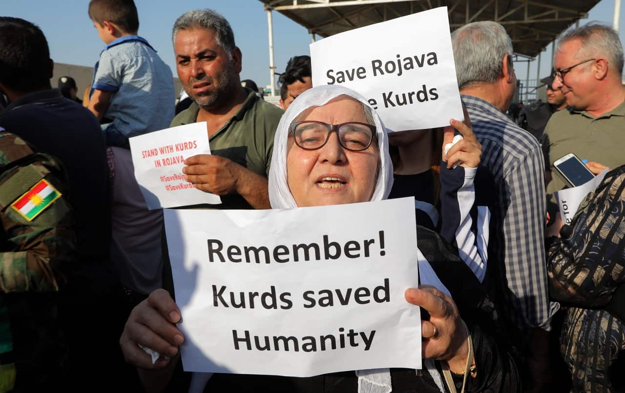 Kurds take part in a demonstration in Erbil Iraq this week.