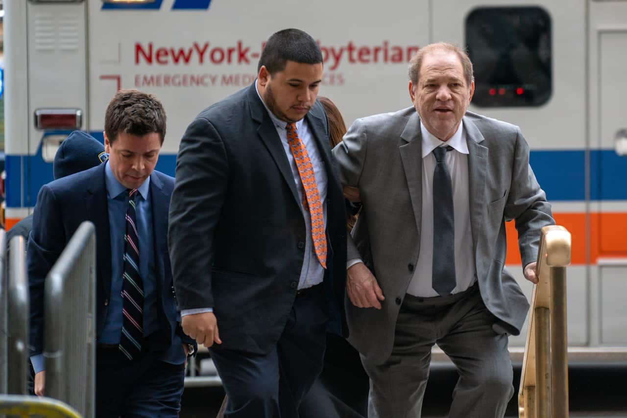 Movie producer Harvey Weinstein arrives at criminal court for a bail evacuation hearing related to his sexual assault case.