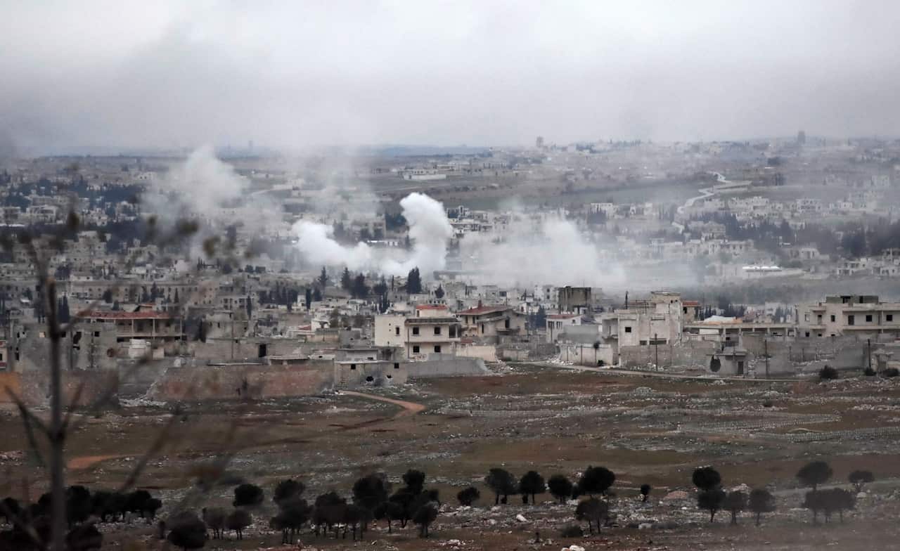 Smoke from Syrian government forces shelling is pictured over Khan al-Asal in the Rashideen al-Rabea area in Syria's Aleppo province.