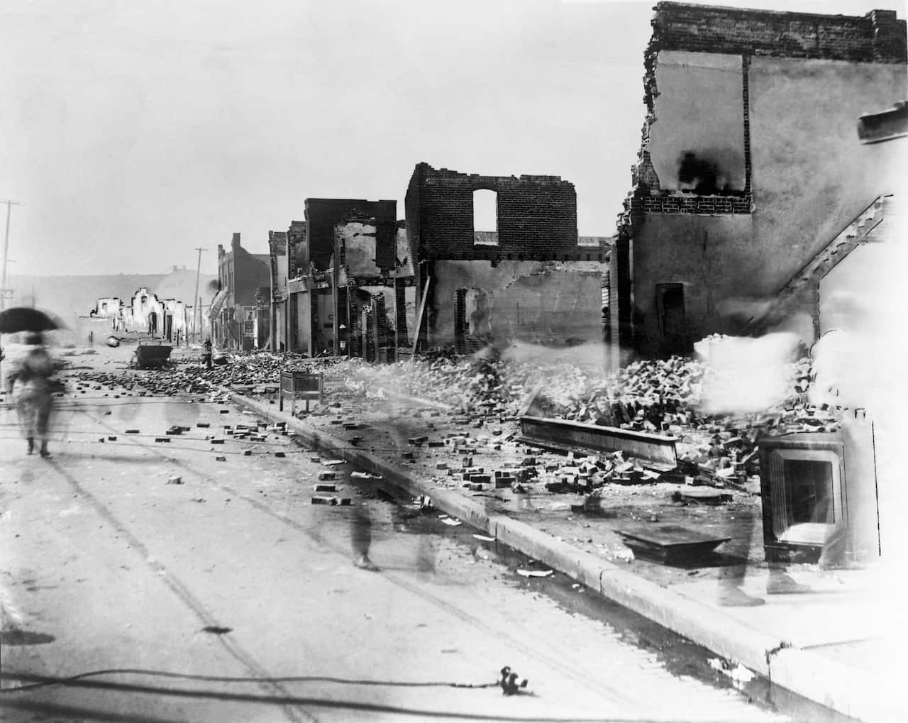 Photo shows the aftermath of the Tulsa Race Massacre, during which mobs of white residents attacked black residents of the Greenwood District in Tulsa, Oklahoma
