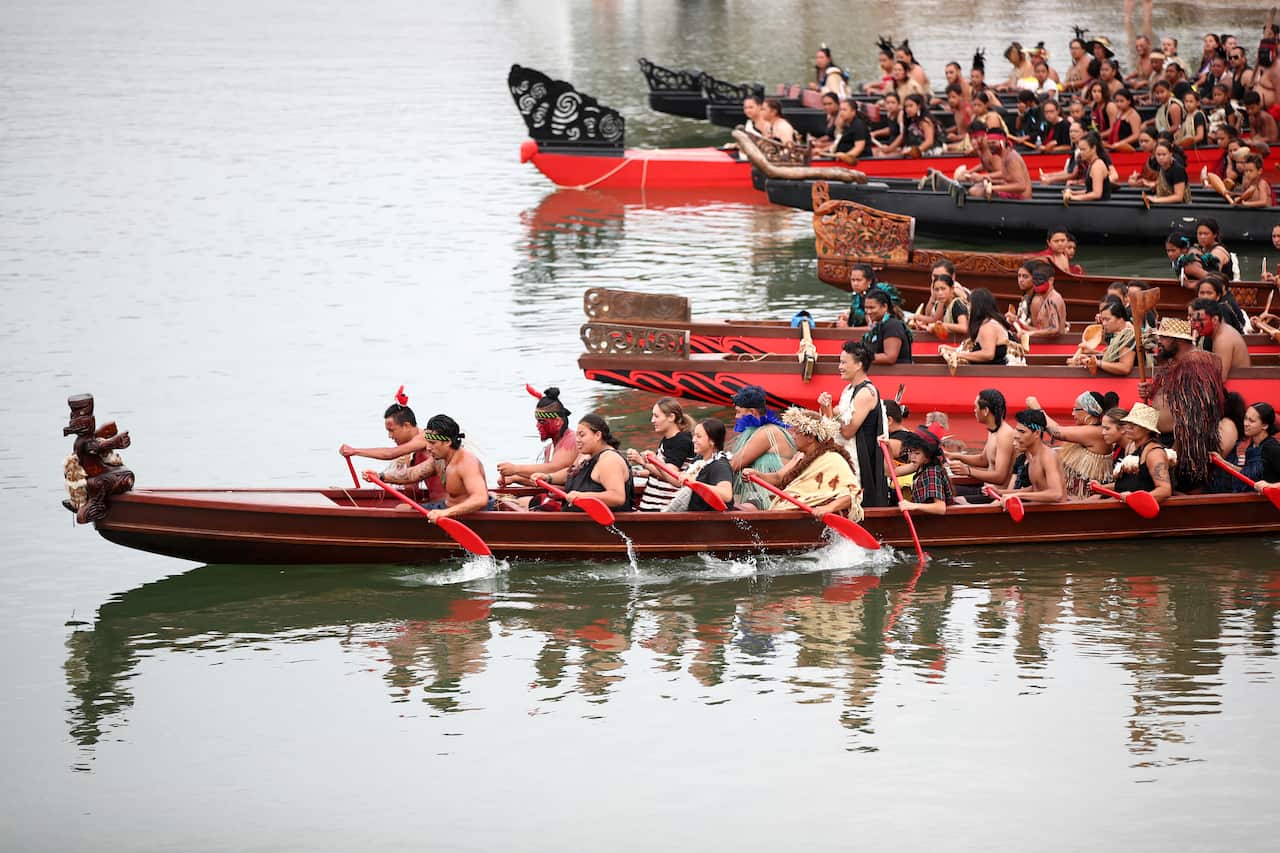 Waka prepare to leave at the lower marae on Waitangi Day 2020 in Waitangi, New Zealand.