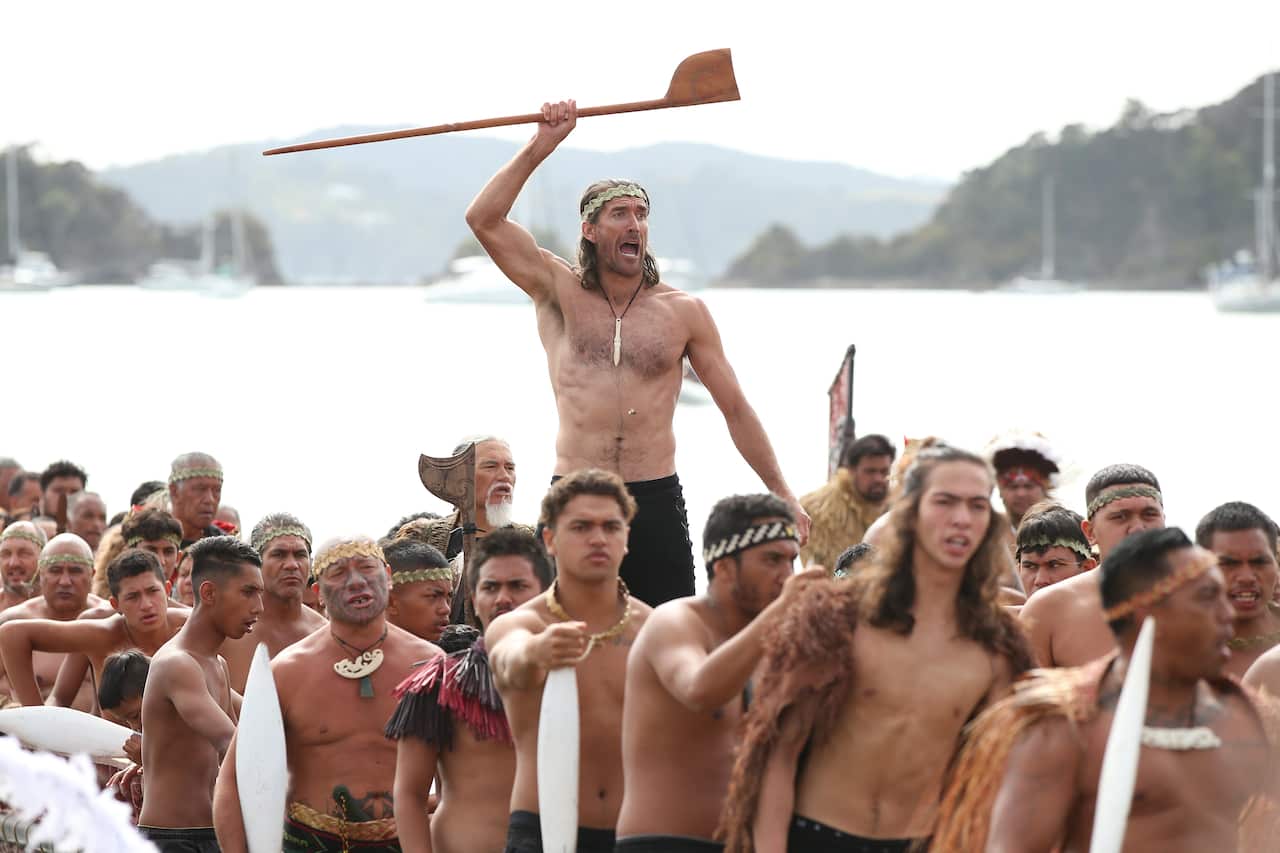 The waka arrive outside Te Tiriti o Waitangi marae on Waitangi Day - 6 February 2020 - in Waitangi, New Zealand.