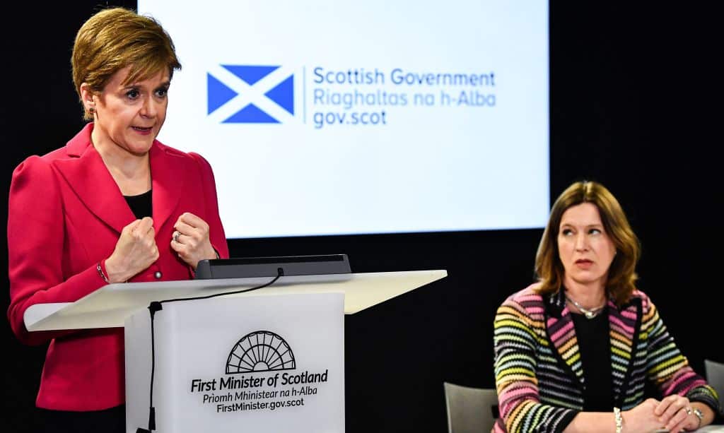 Scotland's First Minister Nicola Sturgeon (L) and CMO Dr Catherine Calderwood give a press conference on the COVID-19 situation earlier this month.