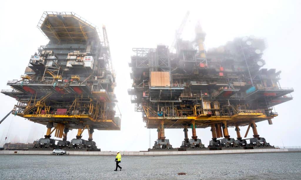 Scrapping of the Tyra East and Tyra West oil and gas processing platforms underway at the portt of  Frederikshavn in Denmark, on 15 September, 2020. 