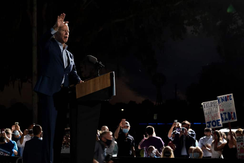 Former vice-president and Democratic presidential nominee Joe Biden delivers remarks during a drive-In event in Tampa, Florida.