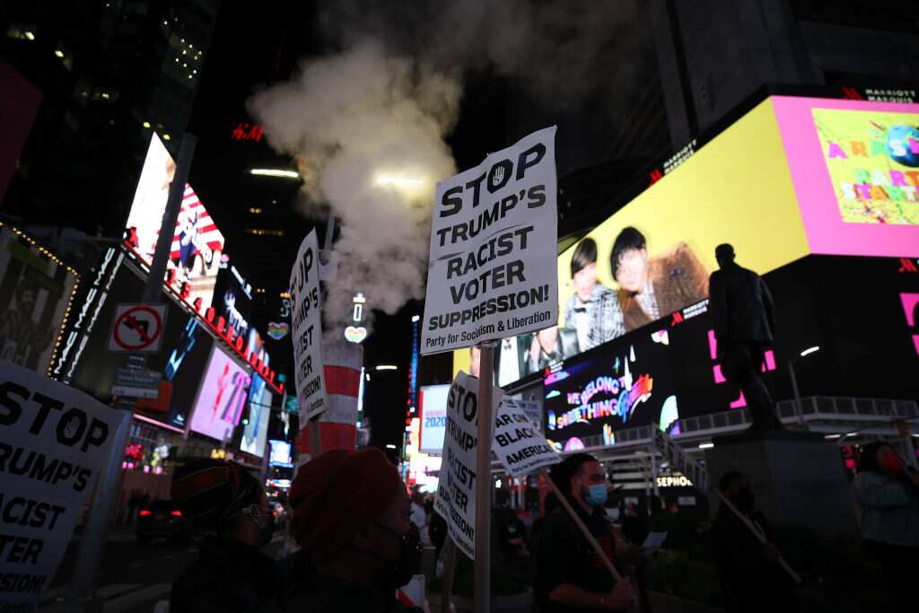 Election protestors gathered at the Times Square to protest Donald Trump's apparent attempt to stop counting ballots in several key states.