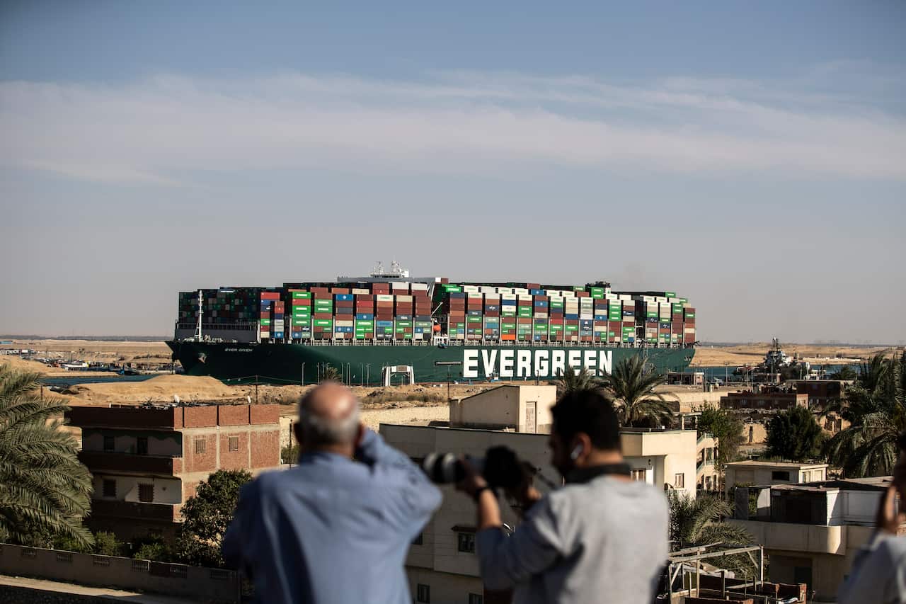The container ship 'Ever Given' is refloated, unblocking the Suez Canal on 29 March, 2021 in Egypt.