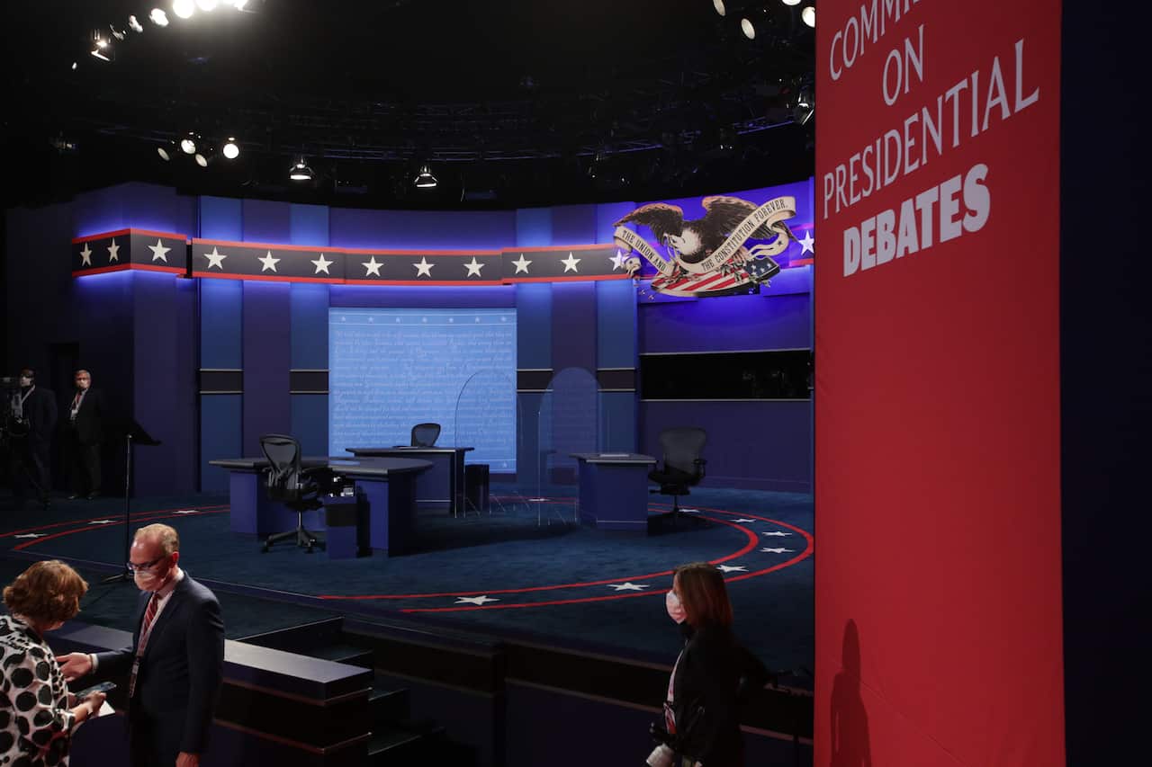 The debate stage is prepared for the vice presidential debate between Kamala Harris and Mike Pence.